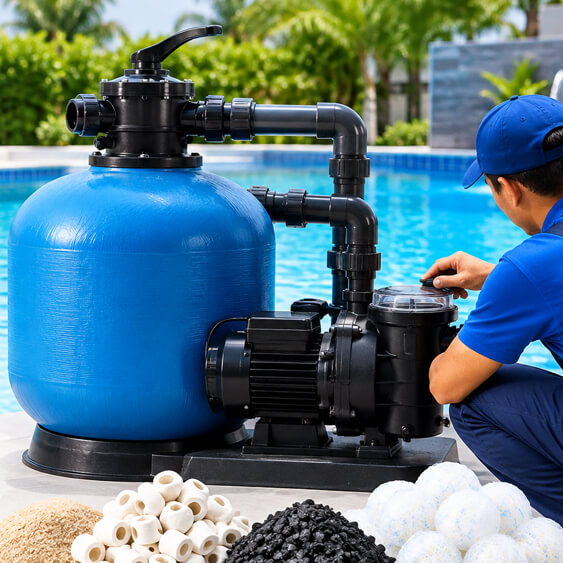 Media and filter service for swimming pools