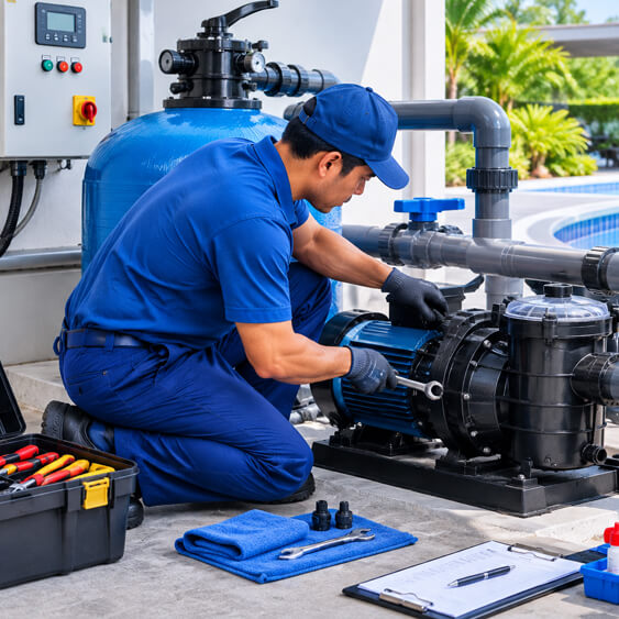 Pump servicing and commissioning for pool systems